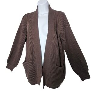 Quince Fisherman Rib Cardigan Women XS Heather Brown Organic Cotton Open Front